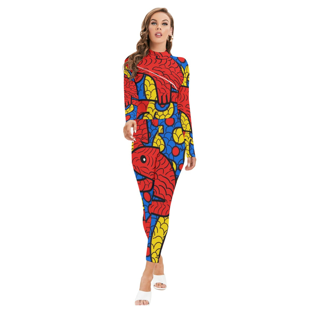 All-Over Print Women's Long-sleeved High-neck Jumpsuit With Zipper