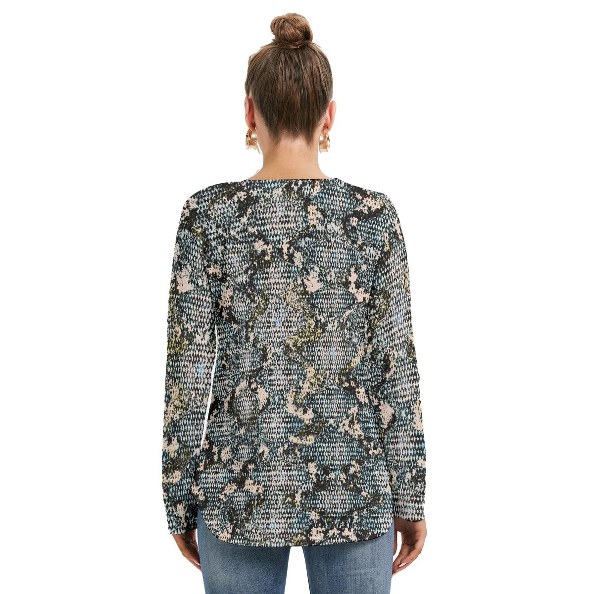 All-Over Print Women's Long Sleeve Neckline Tie Sweatshirt