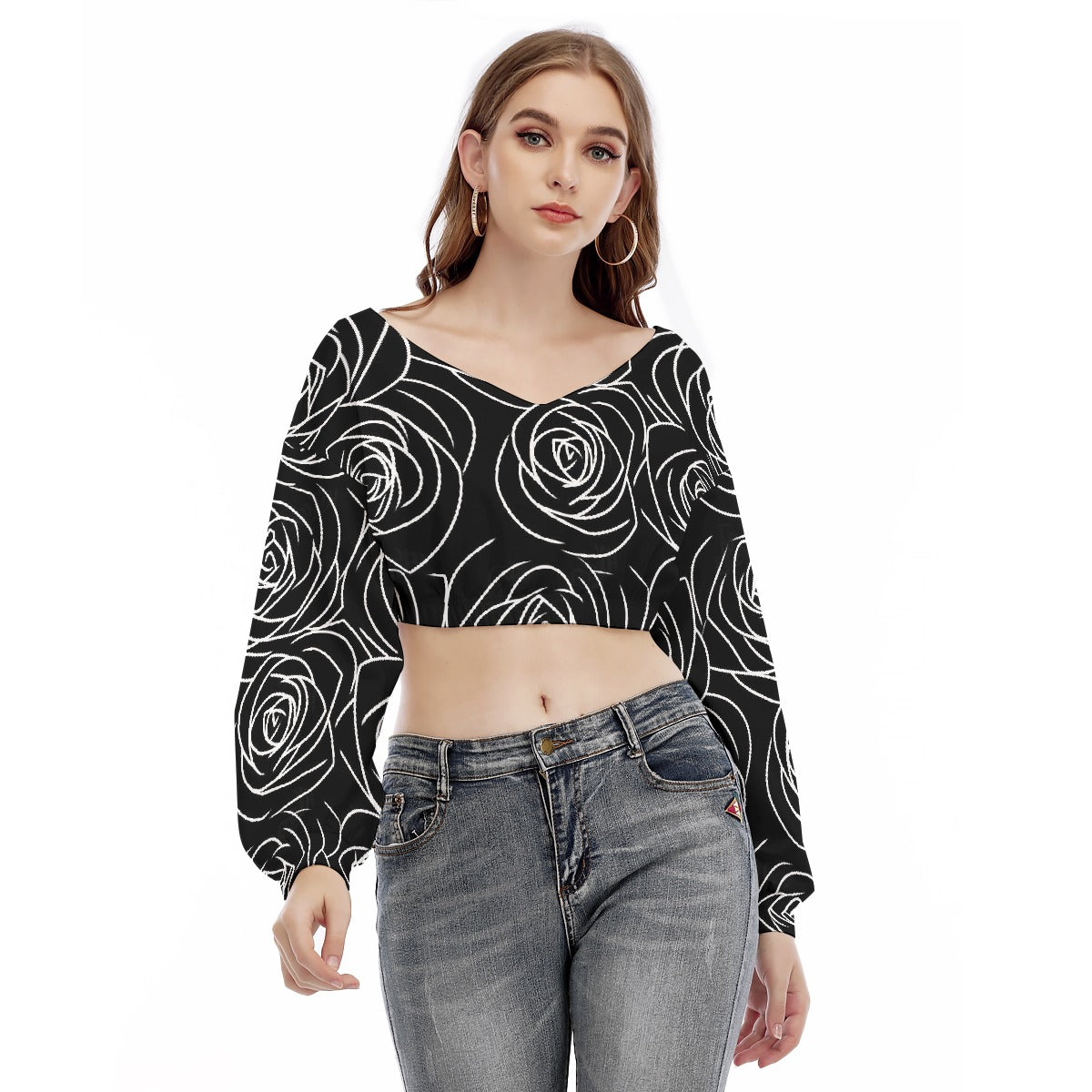 All-Over Print Women's V-neck Long Sleeve Cropped Sweatshirt