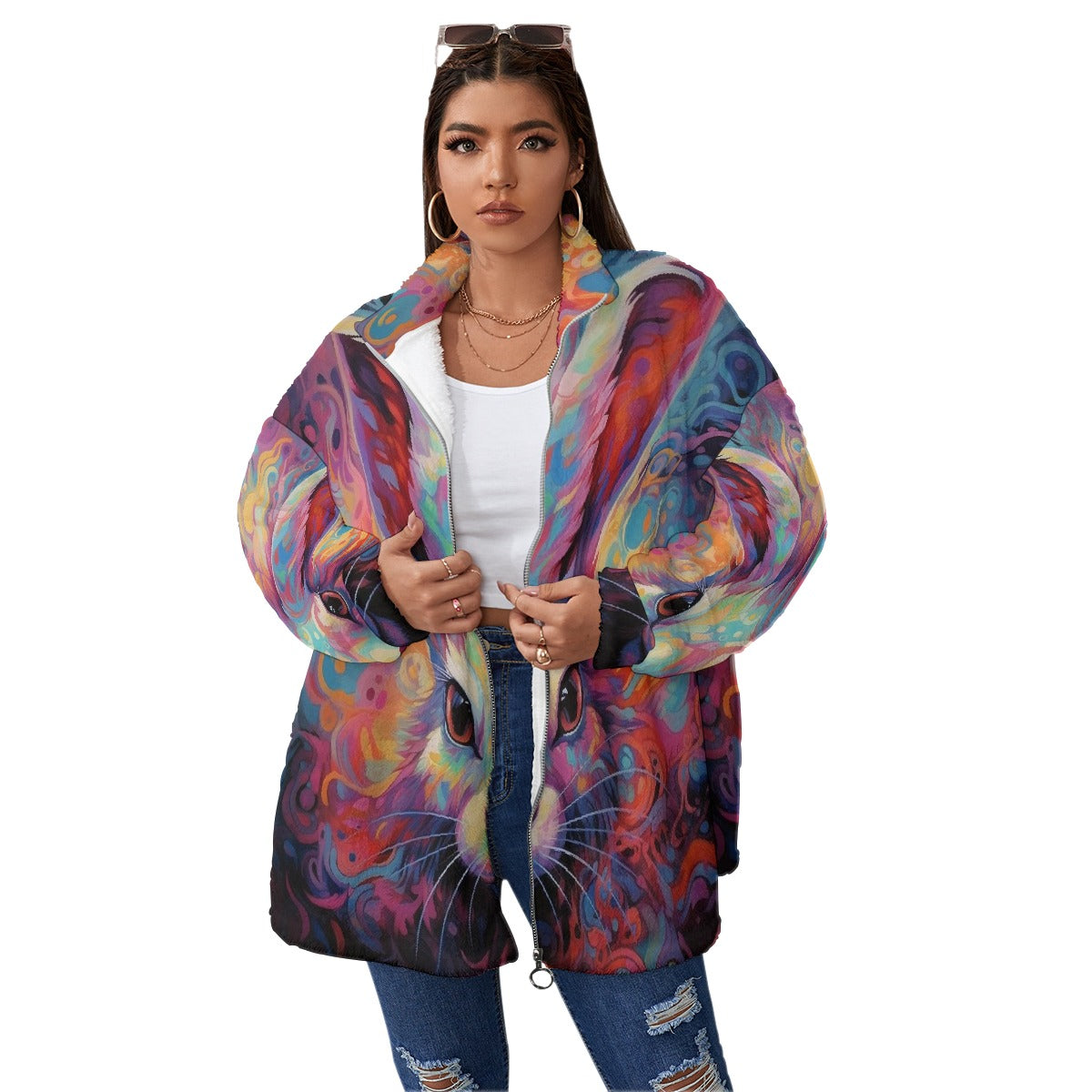 All-Over Print Unisex Borg Fleece Stand-up Collar Coat With Zipper Closure(Plus Size)