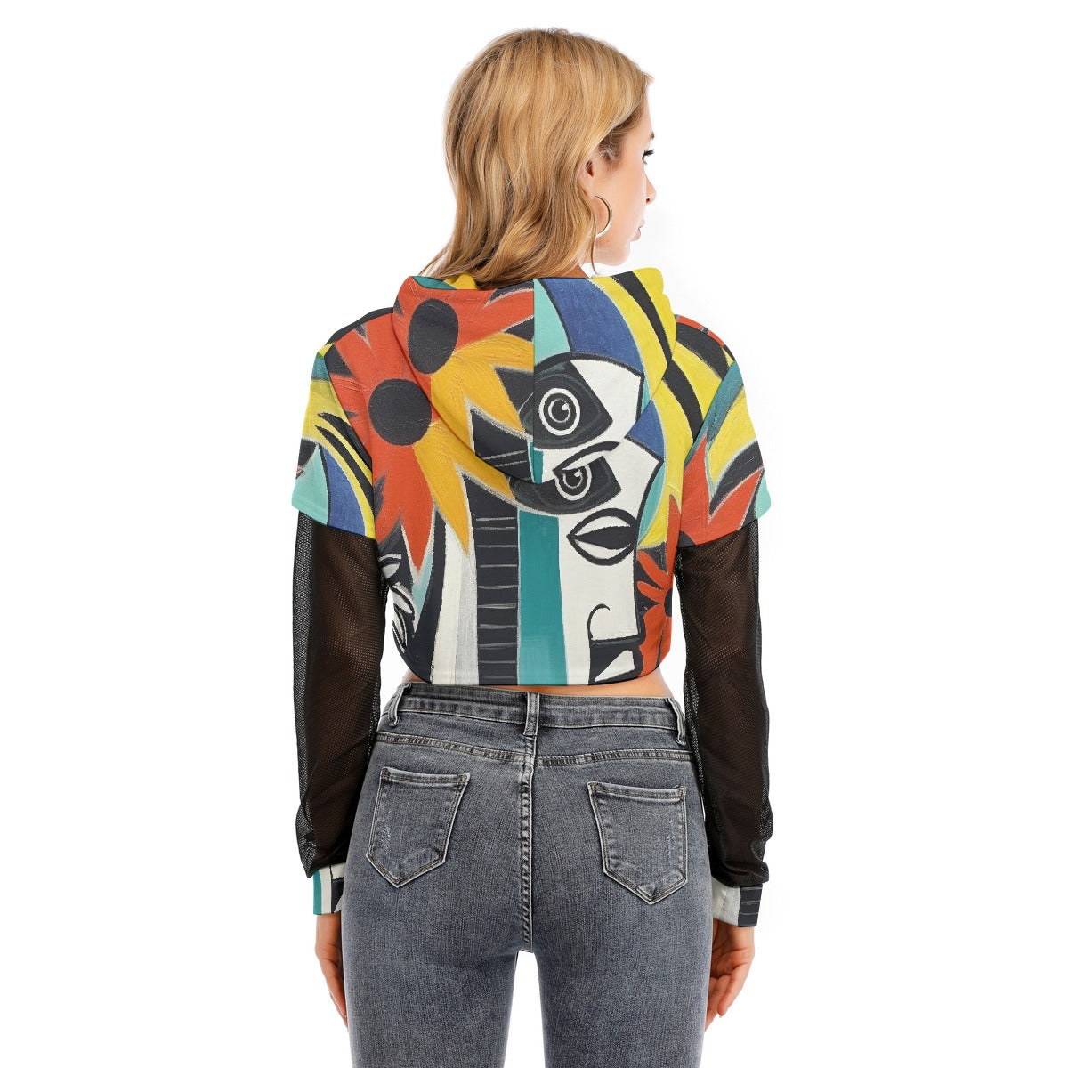 All-Over Print Women's Fake Two-piece Mesh Sleeve Cropped Hoodie