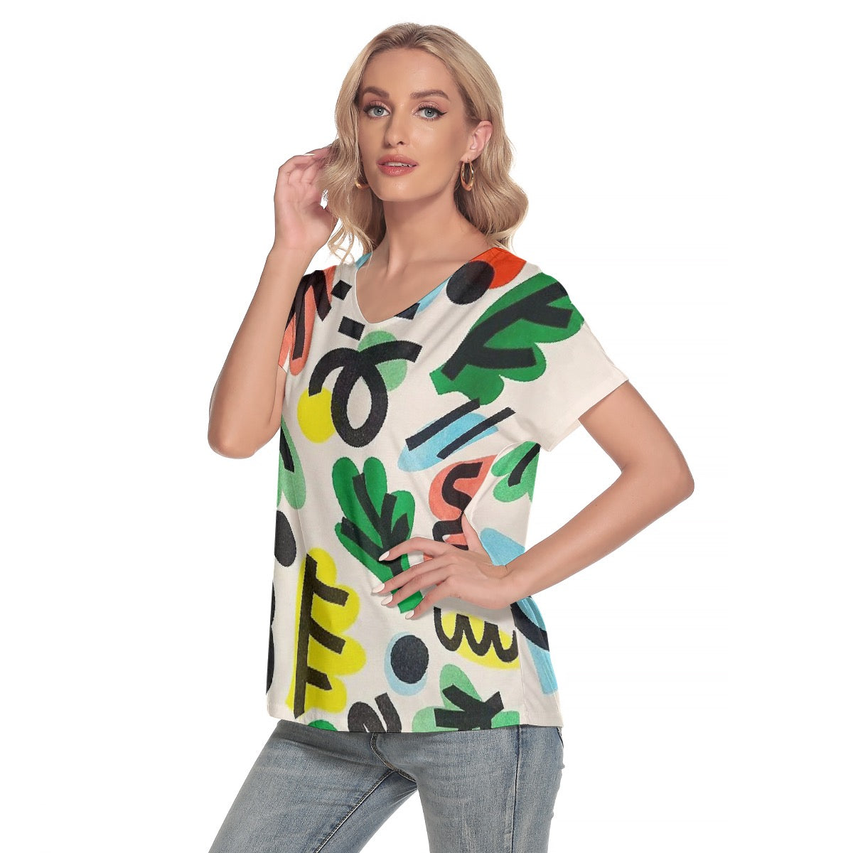 All-Over Print Women's Loose V-neck Short Sleeve T-shirt