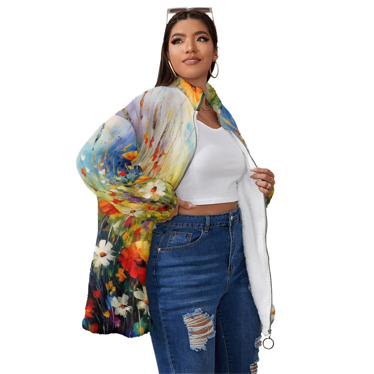 All-Over Print Unisex Borg Fleece Stand-up Collar Coat With Zipper Closure(Plus Size)