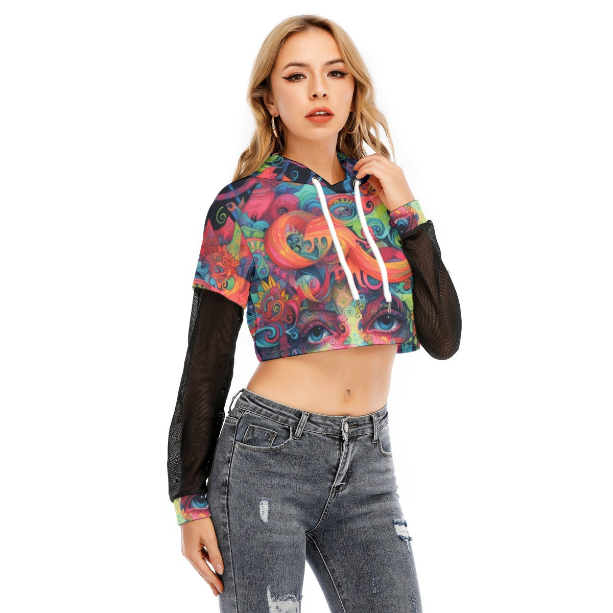 All-Over Print Women's Fake Two-piece Mesh Sleeve Cropped Hoodie