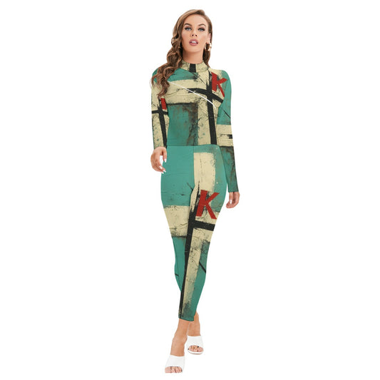 All-Over Print Women's Long-sleeved High-neck Jumpsuit With Zipper