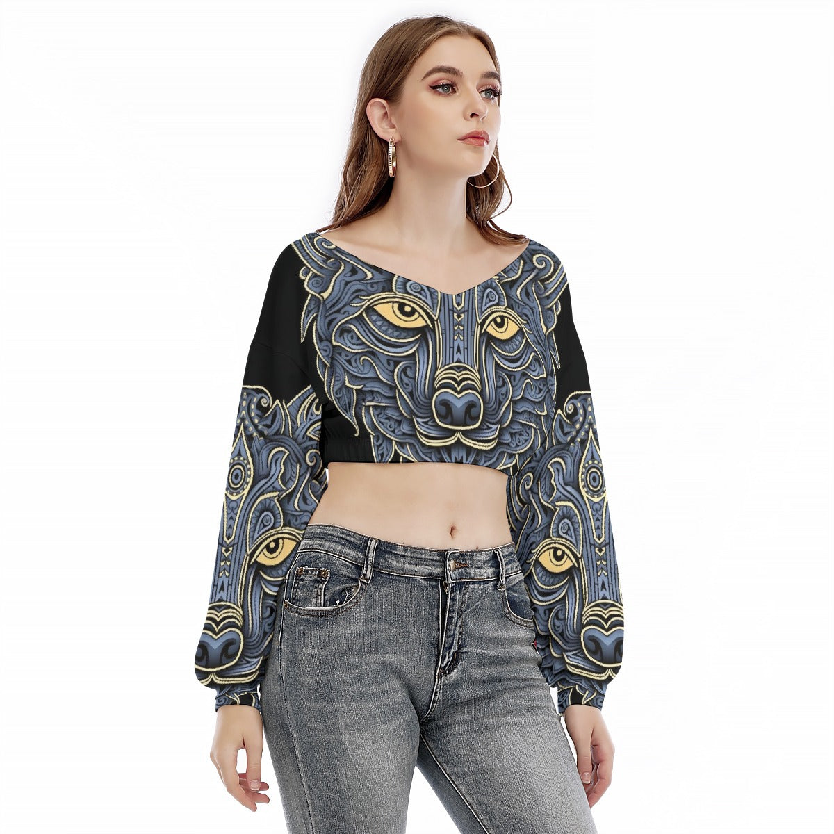 All-Over Print Women's V-neck Long Sleeve Cropped Sweatshirt