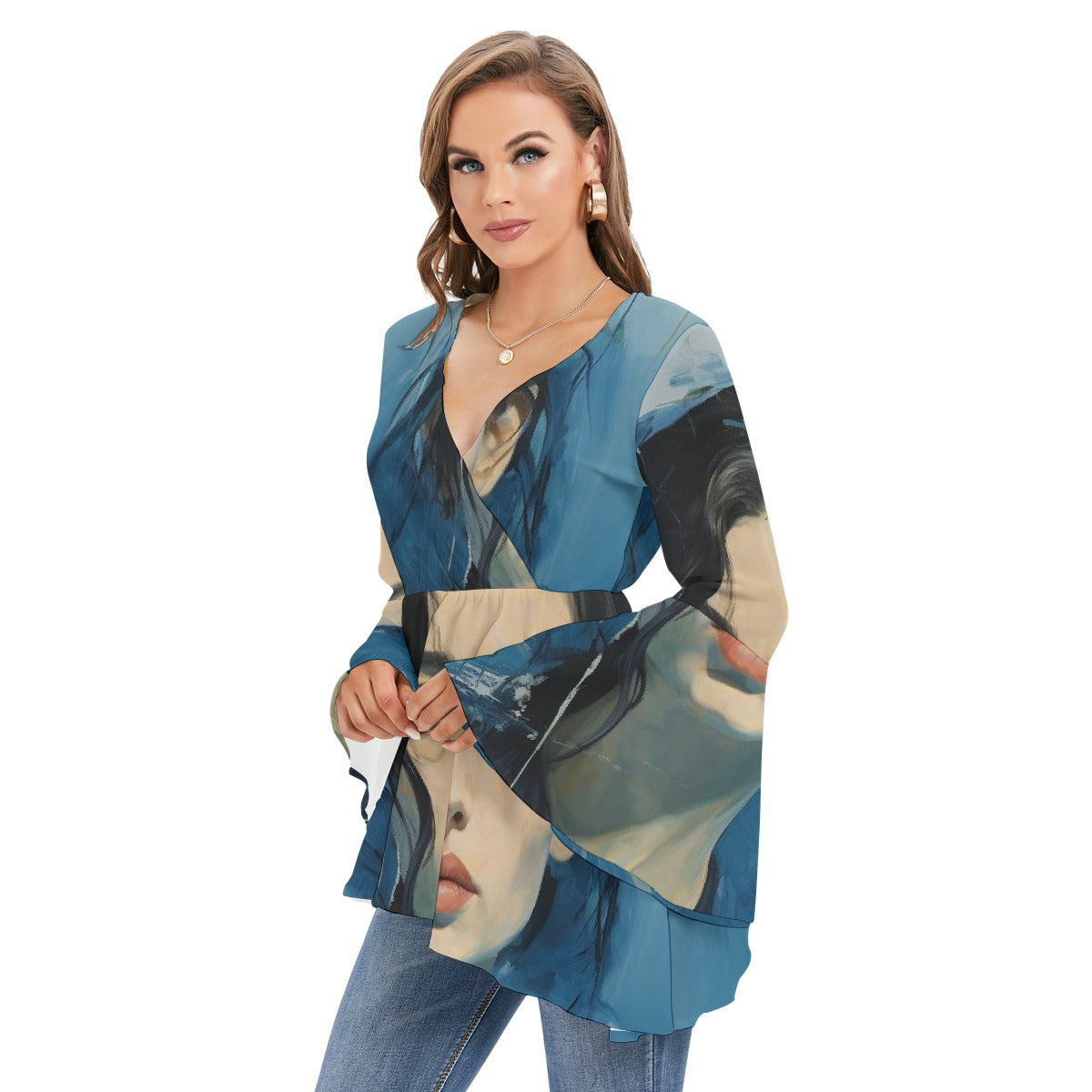 All-Over Print Women's V-neck Blouse With Flared Sleeves