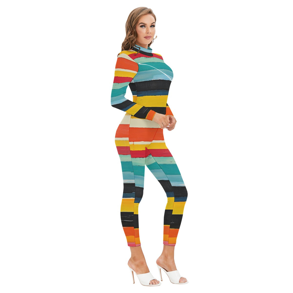 All-Over Print Women's Long-sleeved High-neck Jumpsuit With Zipper