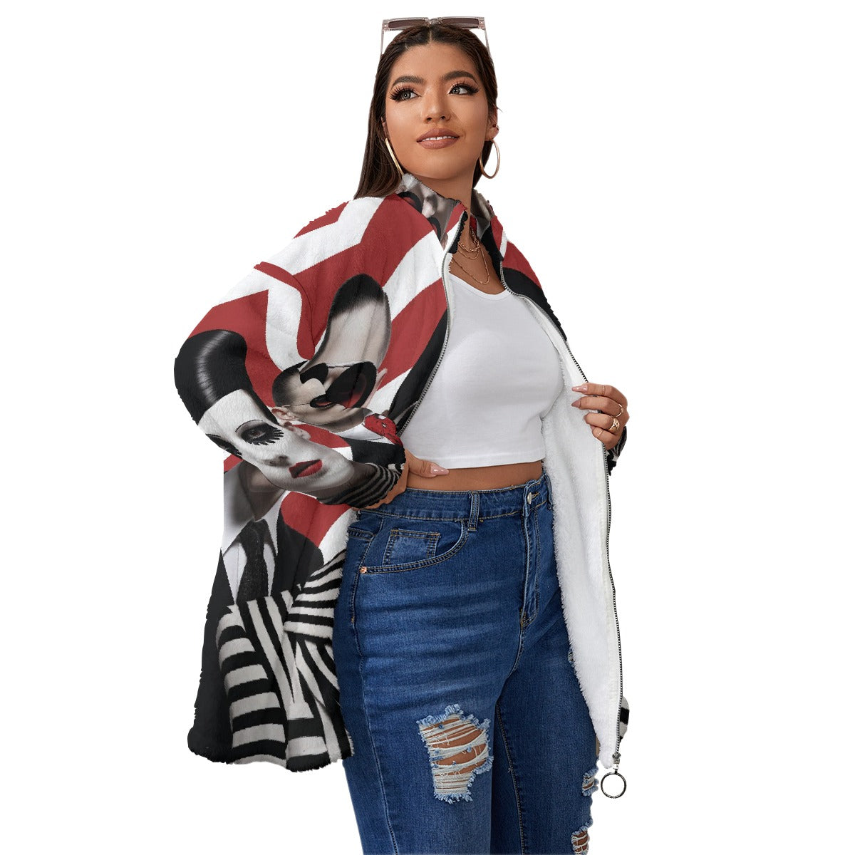 All-Over Print Unisex Borg Fleece Stand-up Collar Coat With Zipper Closure(Plus Size)