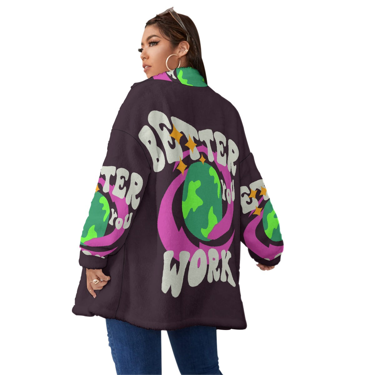 All-Over Print Unisex Borg Fleece Stand-up Collar Coat With Zipper Closure(Plus Size)