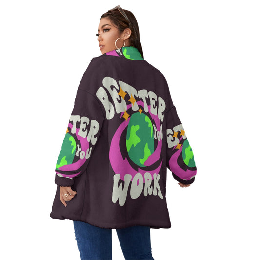 All-Over Print Unisex Borg Fleece Stand-up Collar Coat With Zipper Closure(Plus Size)