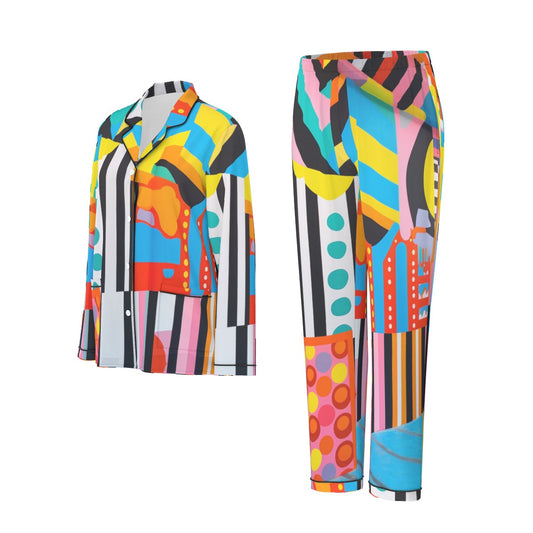 All-Over Print Women's Long Sleeve Pajama Set With Black Contrast Piping