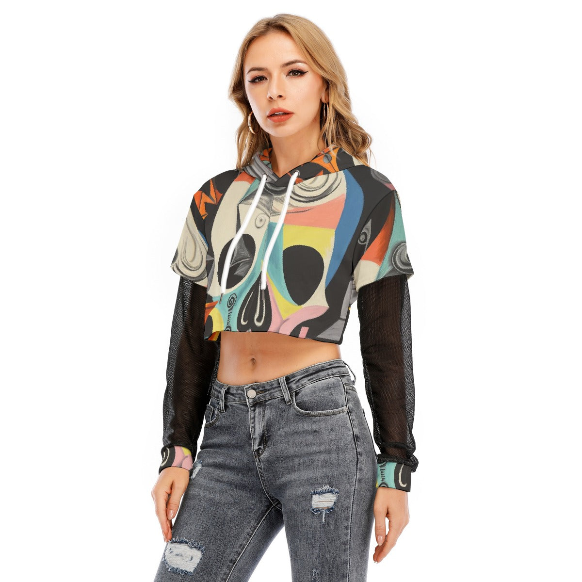 All-Over Print Women's Fake Two-piece Mesh Sleeve Cropped Hoodie
