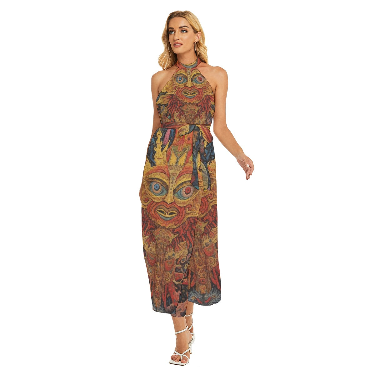 All-Over Print Women's Wrap Hem Belted Halter Dress