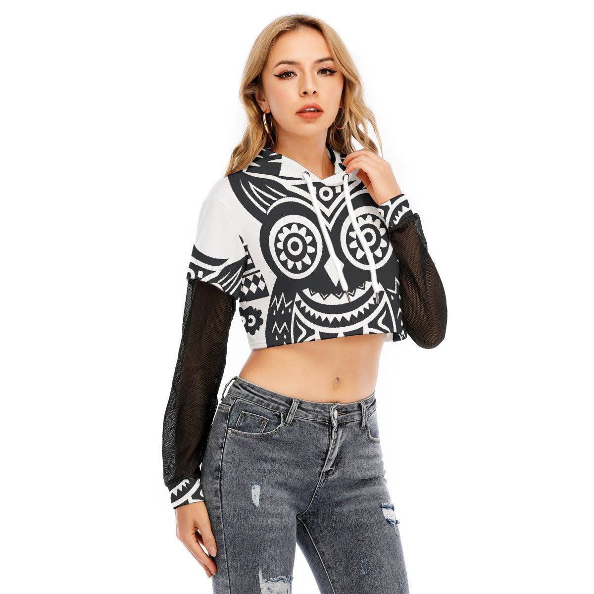 All-Over Print Women's Fake Two-piece Mesh Sleeve Cropped Hoodie