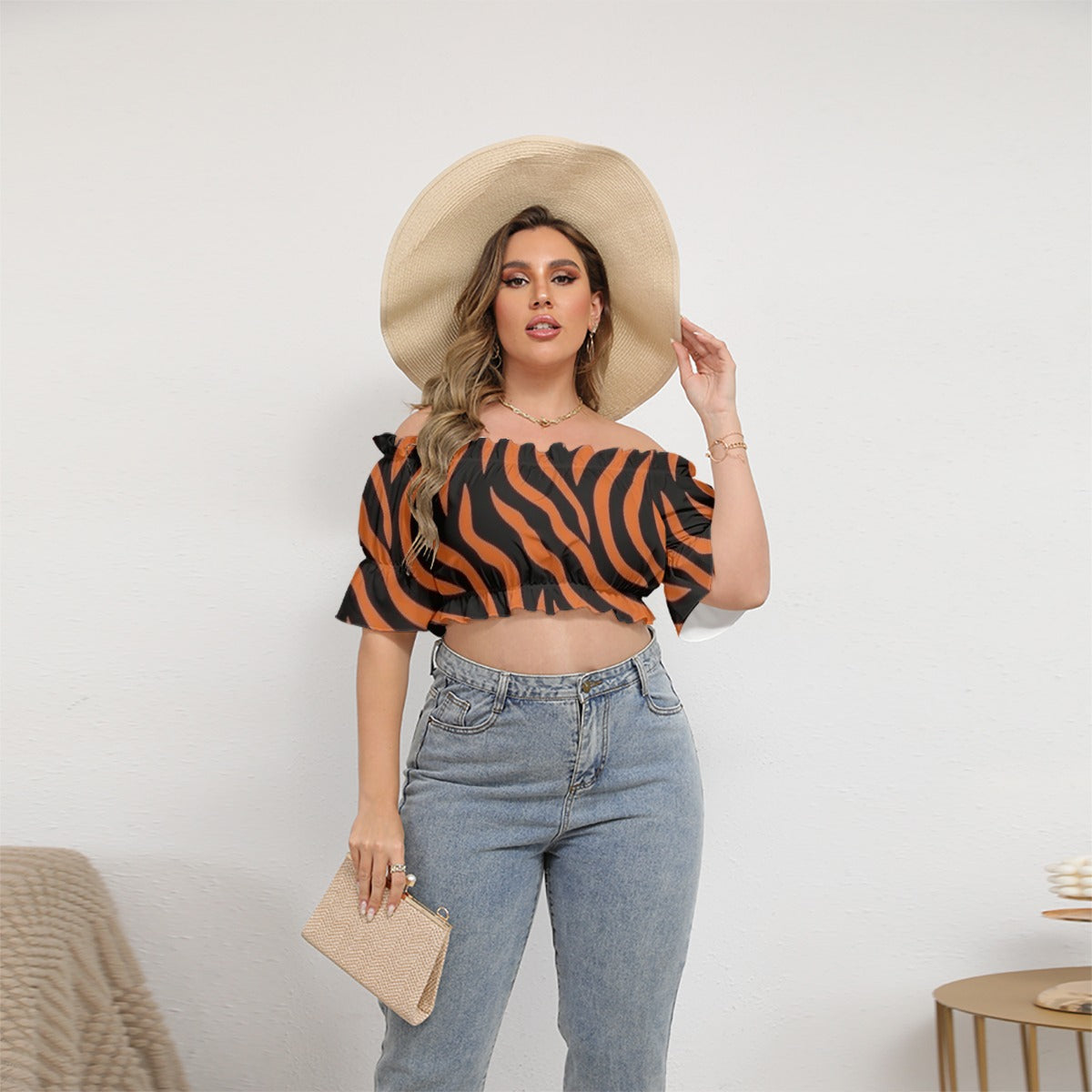 All-Over Print Women's Off-shoulder Cropped Top With Short Puff Sleeve