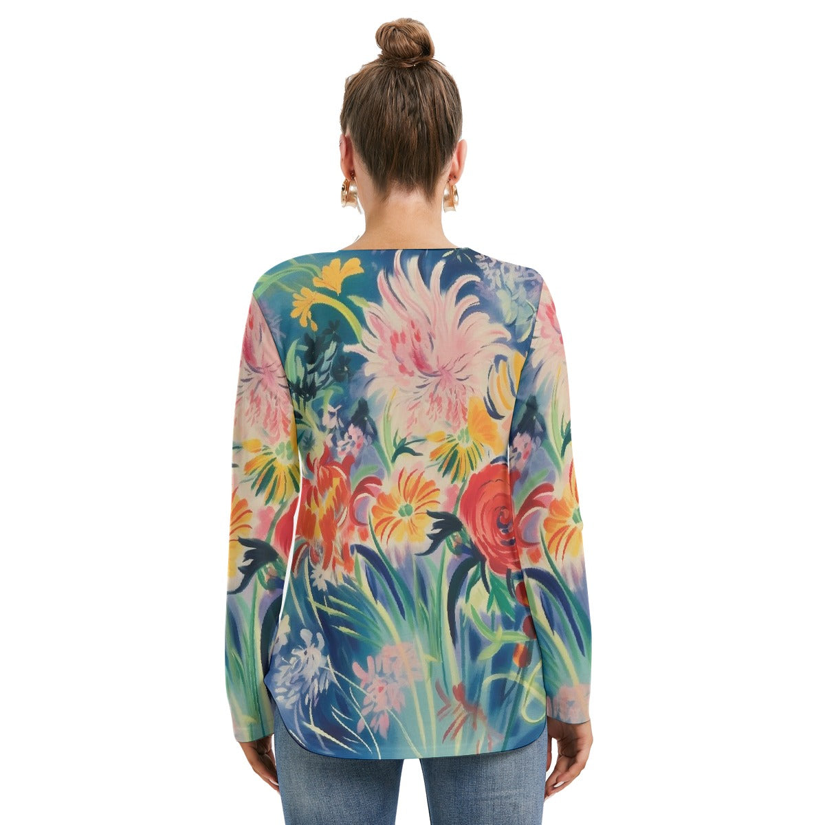 All-Over Print Women's Long Sleeve Neckline Tie Sweatshirt