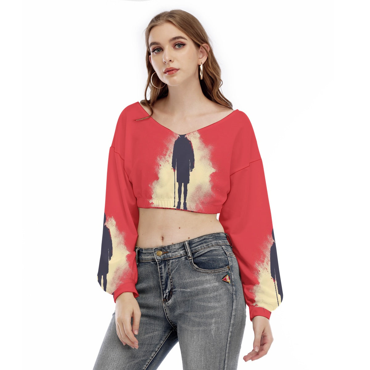 All-Over Print Women's V-neck Long Sleeve Cropped Sweatshirt