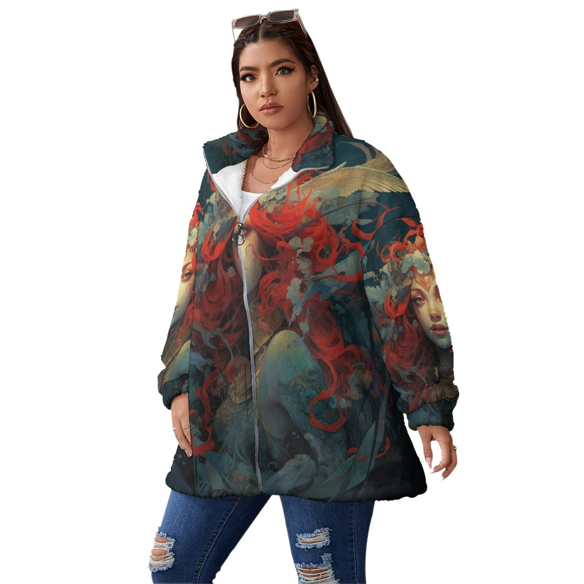 All-Over Print Unisex Borg Fleece Stand-up Collar Coat With Zipper Closure(Plus Size)