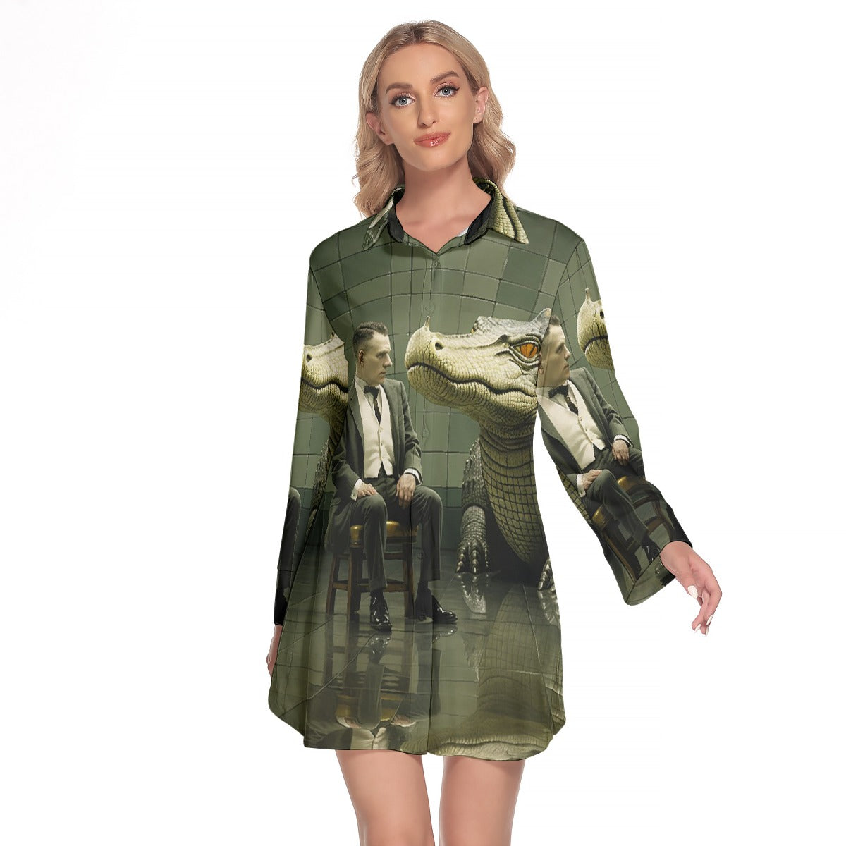 All-Over Print Women's Lapel Shirt Dress With Long Sleeve