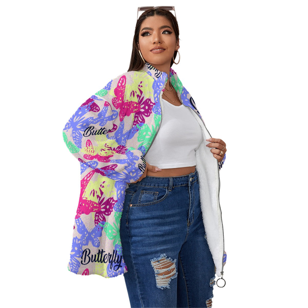 All-Over Print Unisex Borg Fleece Stand-up Collar Coat With Zipper Closure(Plus Size)