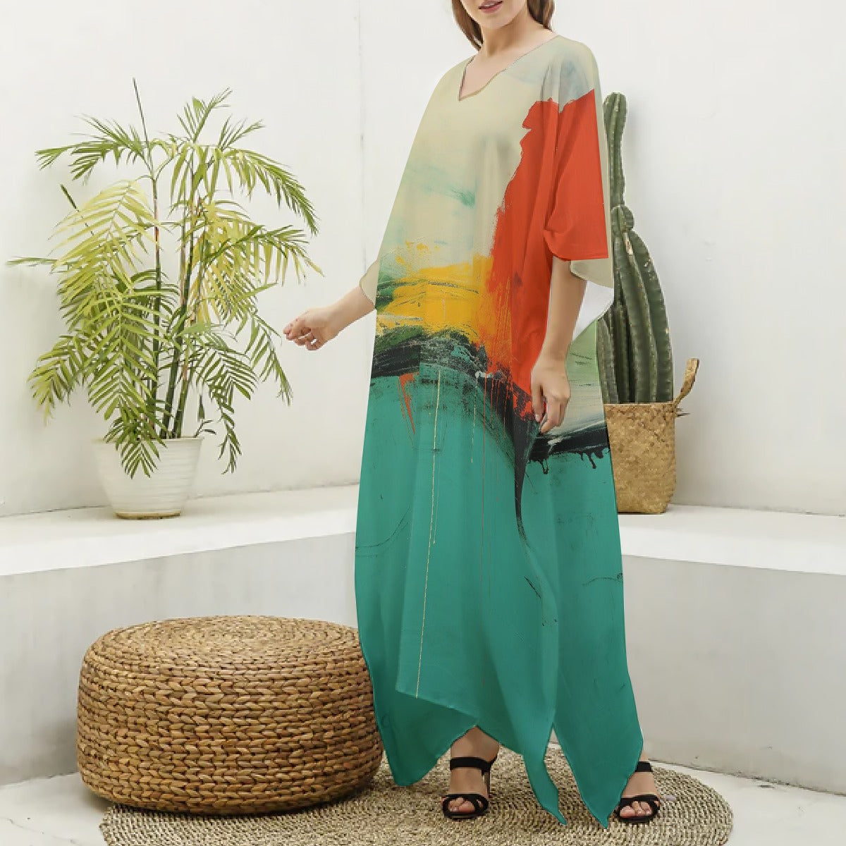 All-Over Print Women's Imitation Silk V-neck Kaftan Robe