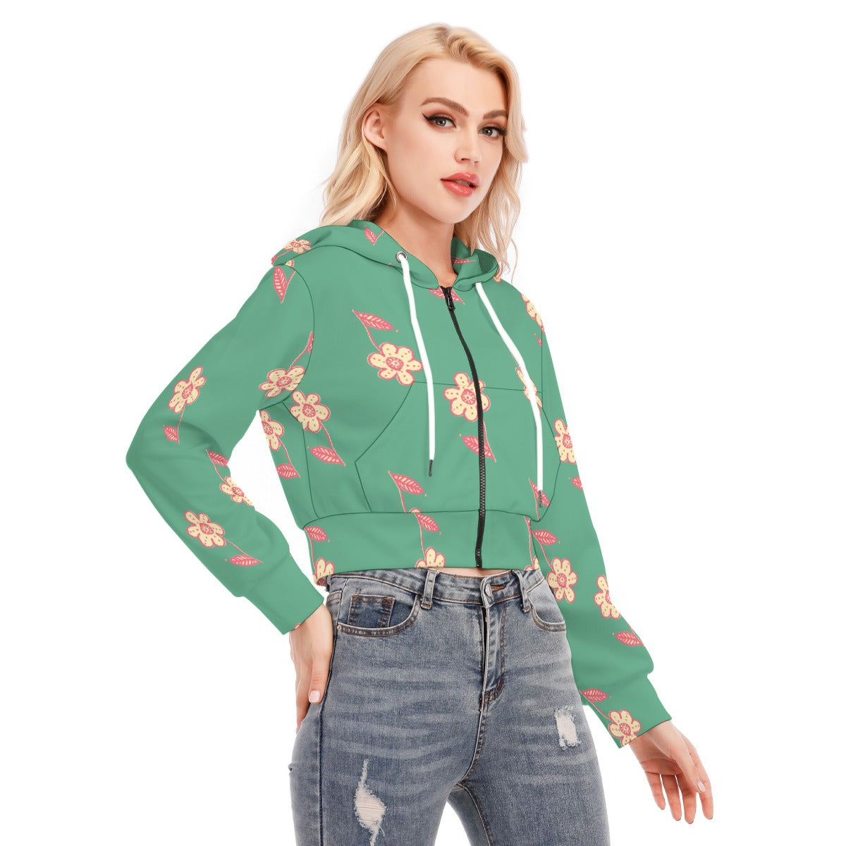 All-Over Print Women's Crop Top Hoodie With Zipper Closure