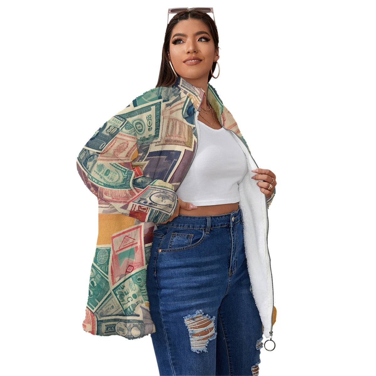 All-Over Print Unisex Borg Fleece Stand-up Collar Coat With Zipper Closure(Plus Size)