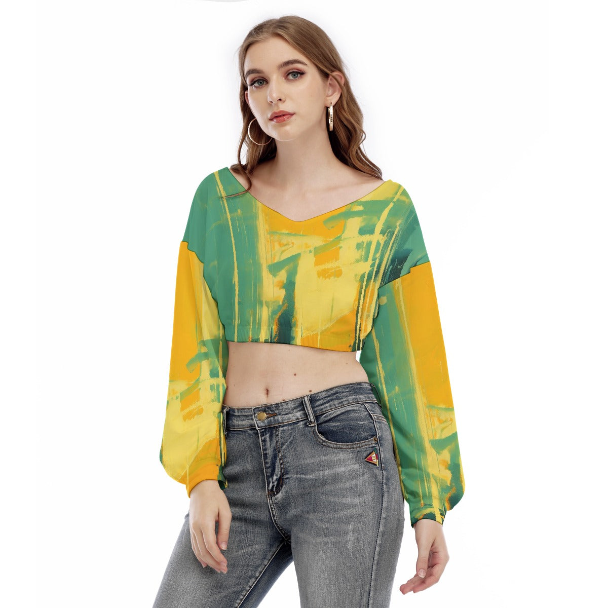All-Over Print Women's V-neck Long Sleeve Cropped Sweatshirt