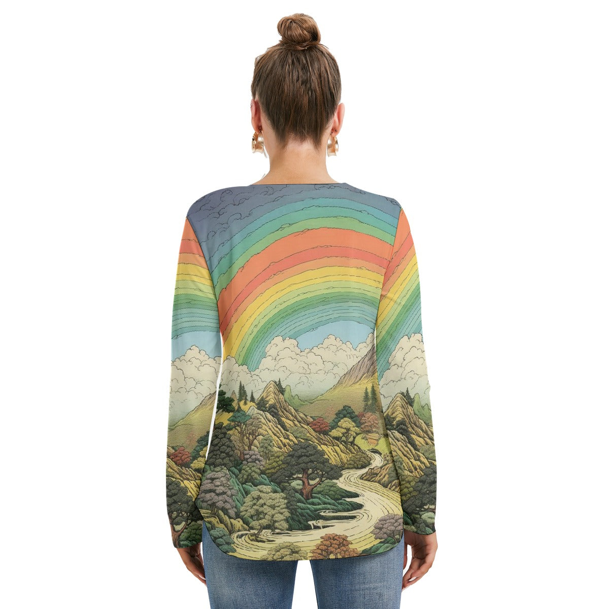 All-Over Print Women's Long Sleeve Neckline Tie Sweatshirt