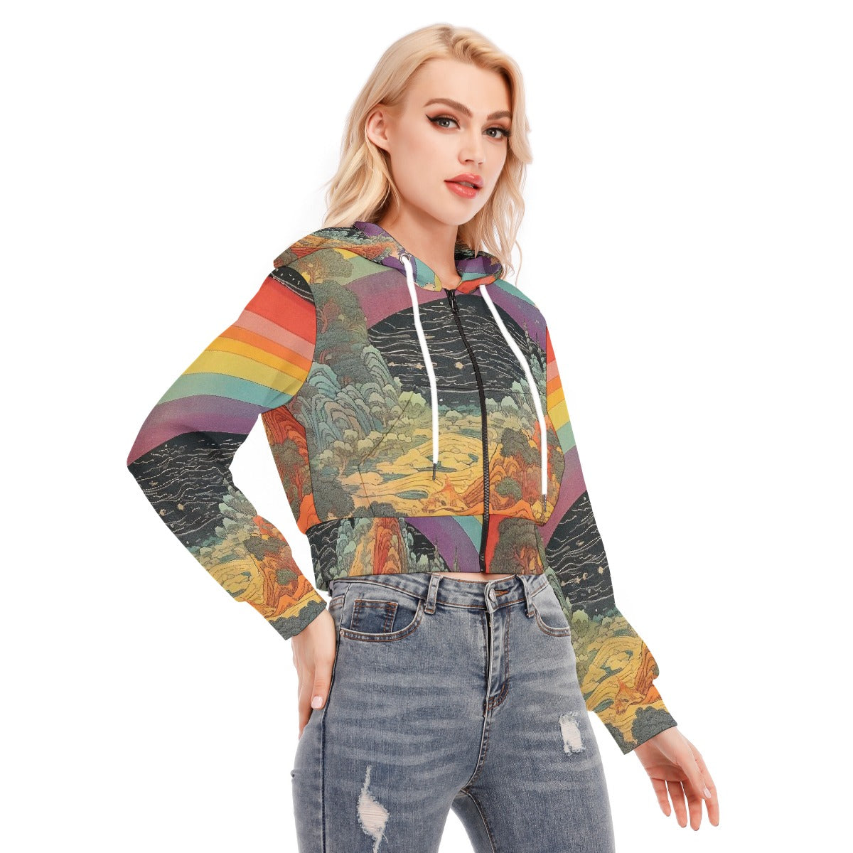All-Over Print Women's Crop Top Hoodie With Zipper Closure