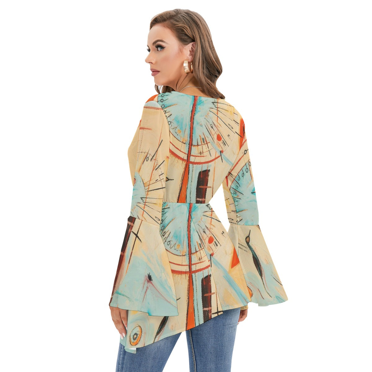 All-Over Print Women's V-neck Blouse With Flared Sleeves