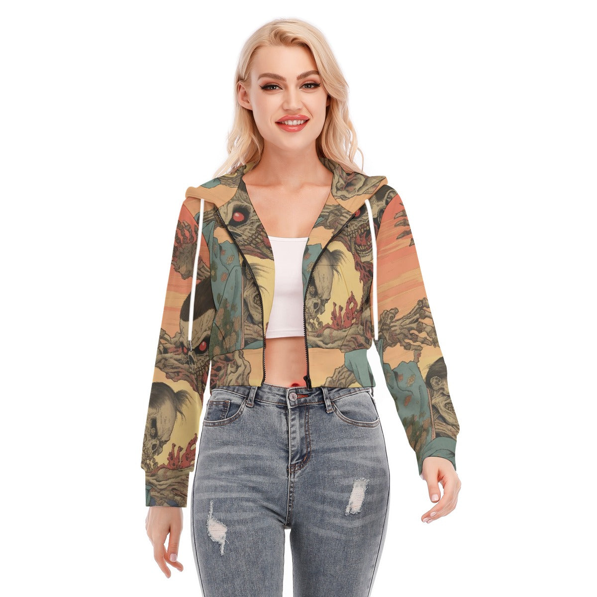 All-Over Print Women's Crop Top Hoodie With Zipper Closure
