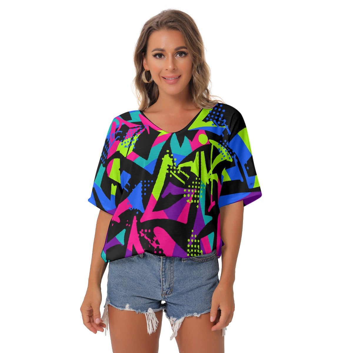 All-Over Print Women's Bat Sleeves V-Neck Blouse