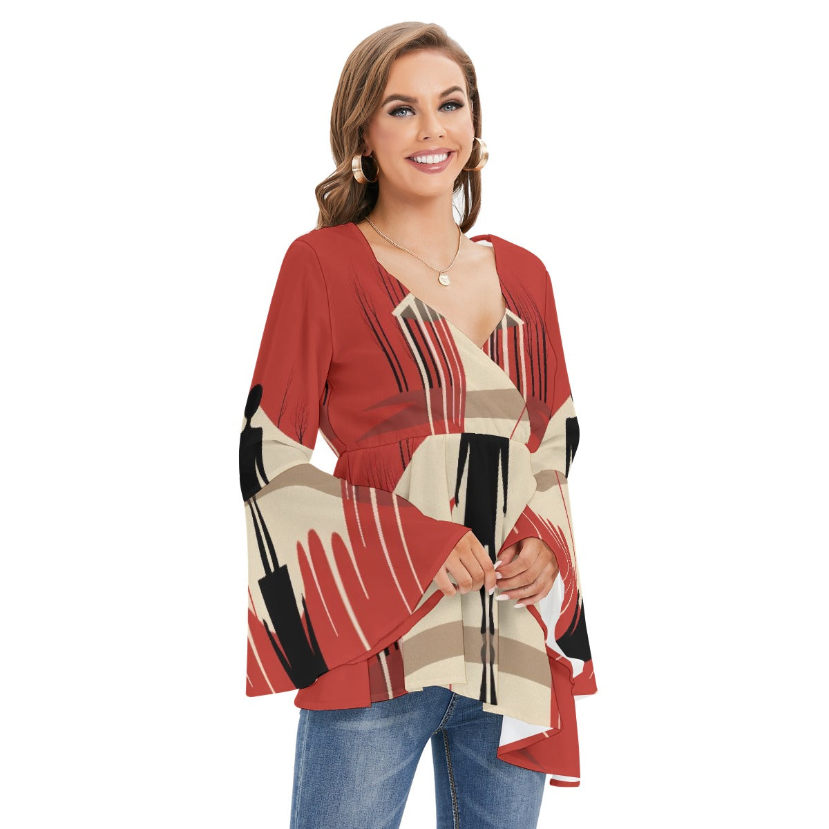 All-Over Print Women's V-neck Blouse With Flared Sleeves