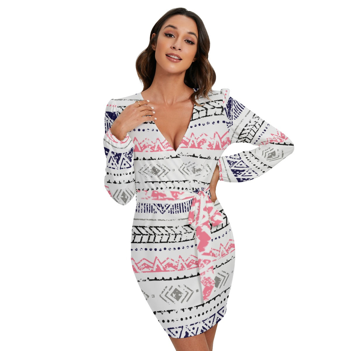 All-Over Print Women's Long Sleeve Dress With Waist Belt