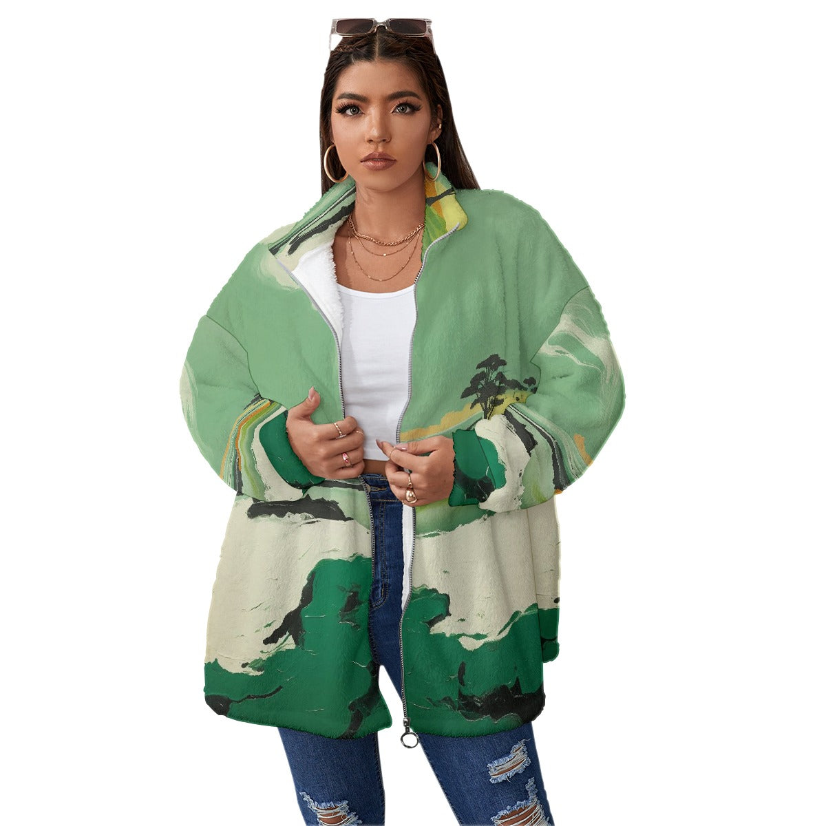 All-Over Print Unisex Borg Fleece Stand-up Collar Coat With Zipper Closure(Plus Size)