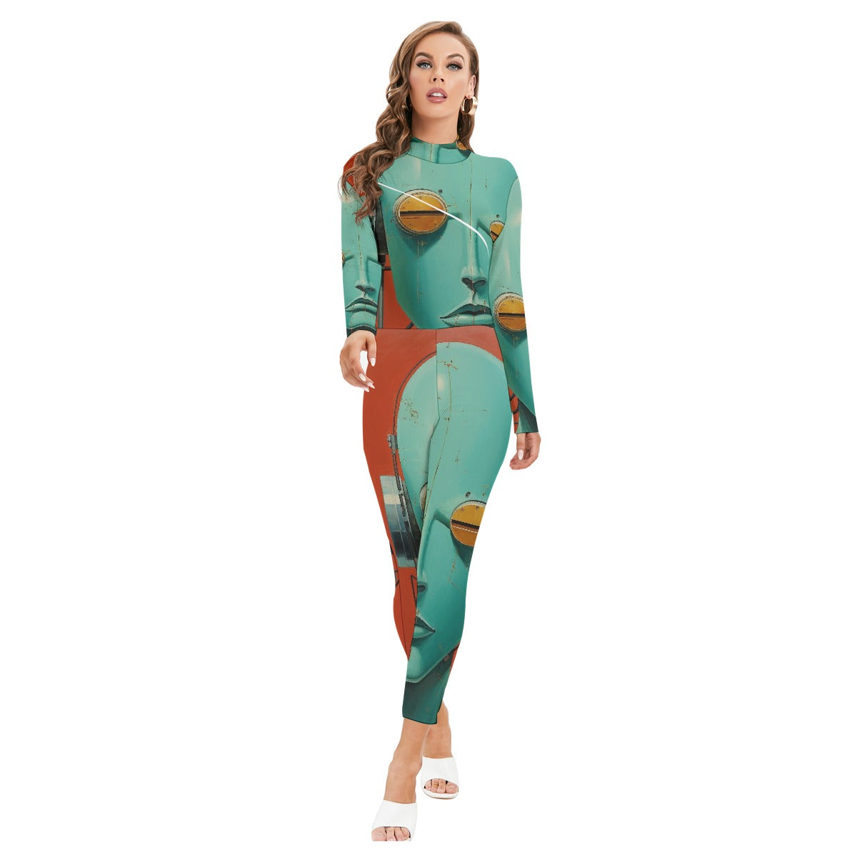 All-Over Print Women's Long-sleeved High-neck Jumpsuit With Zipper