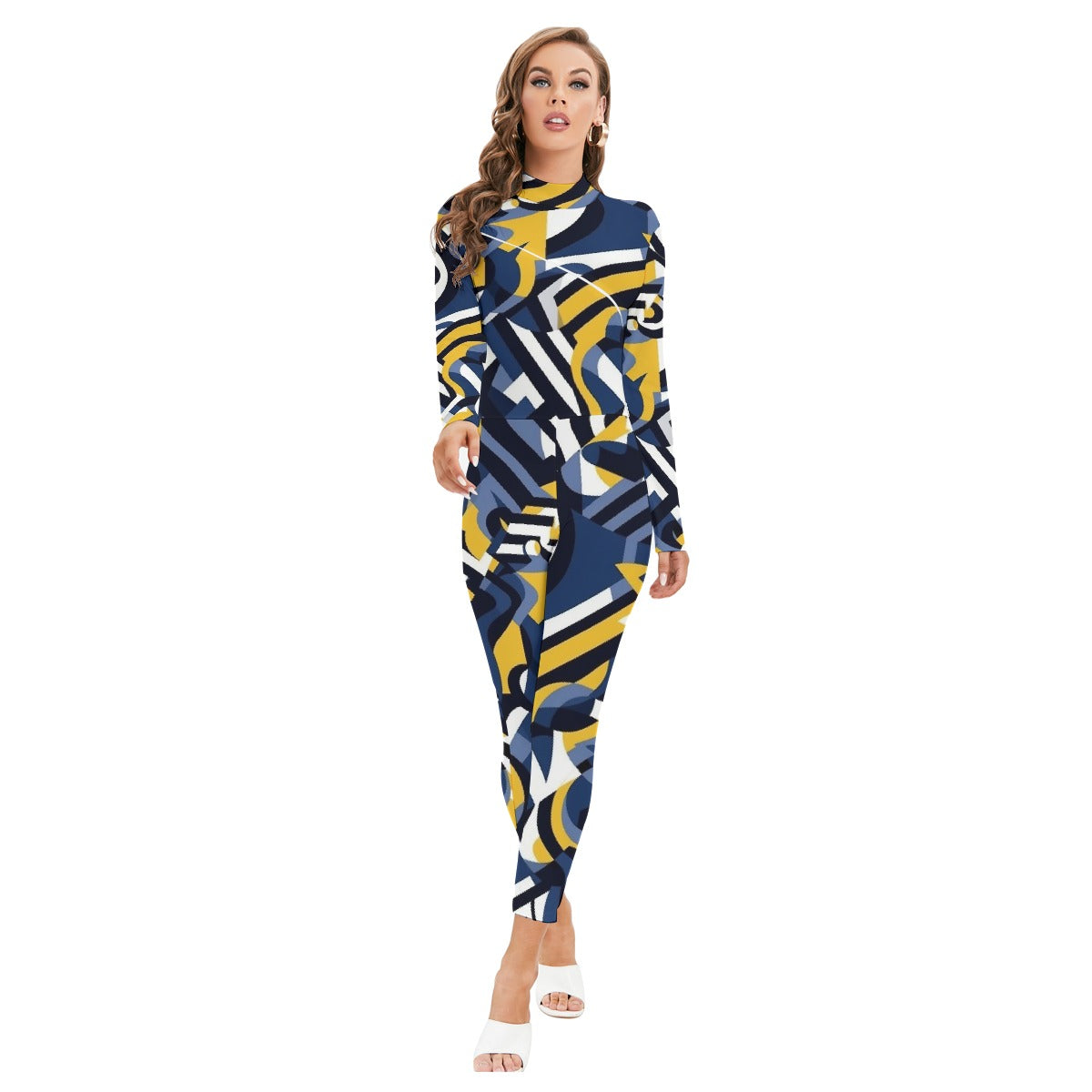 All-Over Print Women's Long-sleeved High-neck Jumpsuit With Zipper
