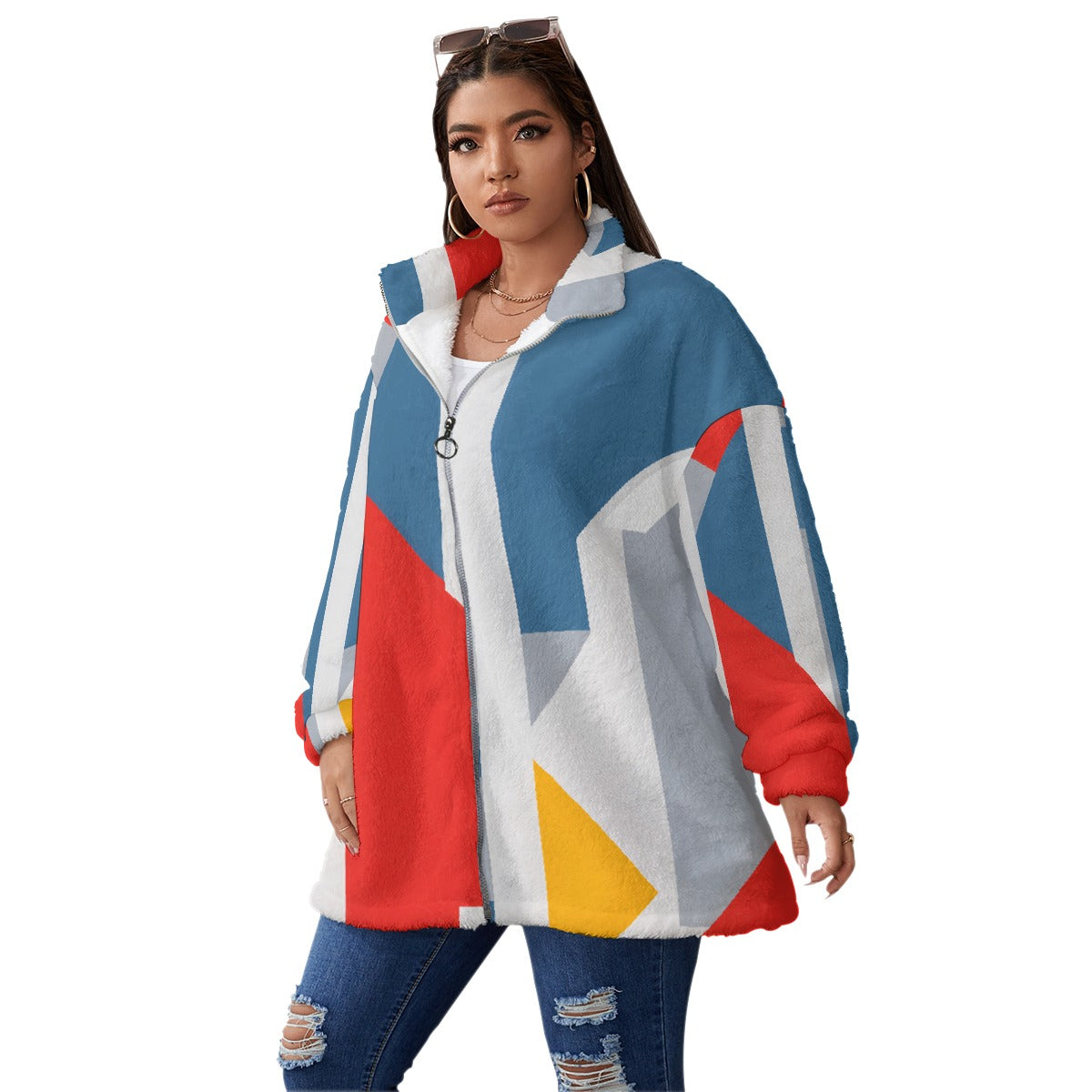 All-Over Print Unisex Borg Fleece Stand-up Collar Coat With Zipper Closure(Plus Size)