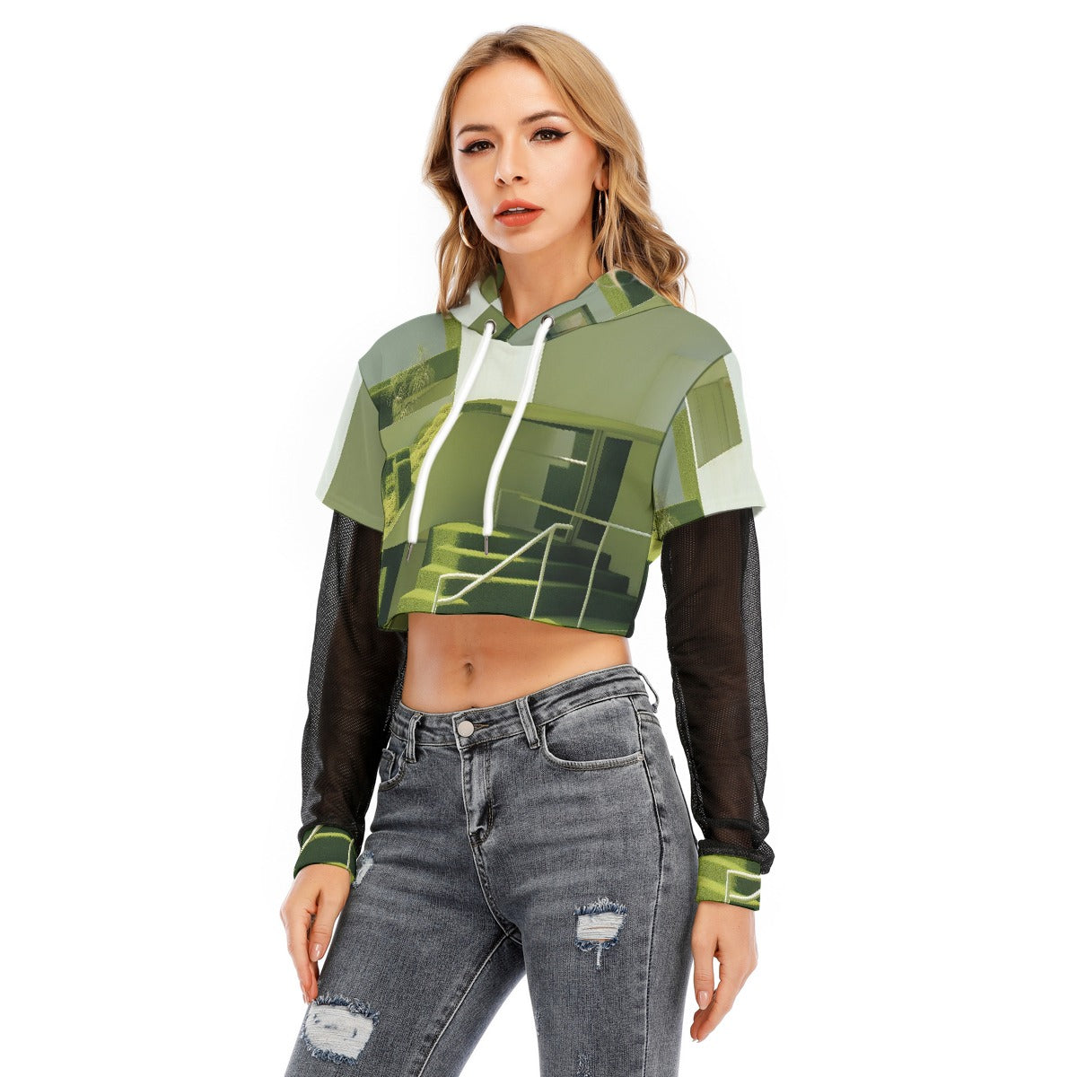 All-Over Print Women's Fake Two-piece Mesh Sleeve Cropped Hoodie