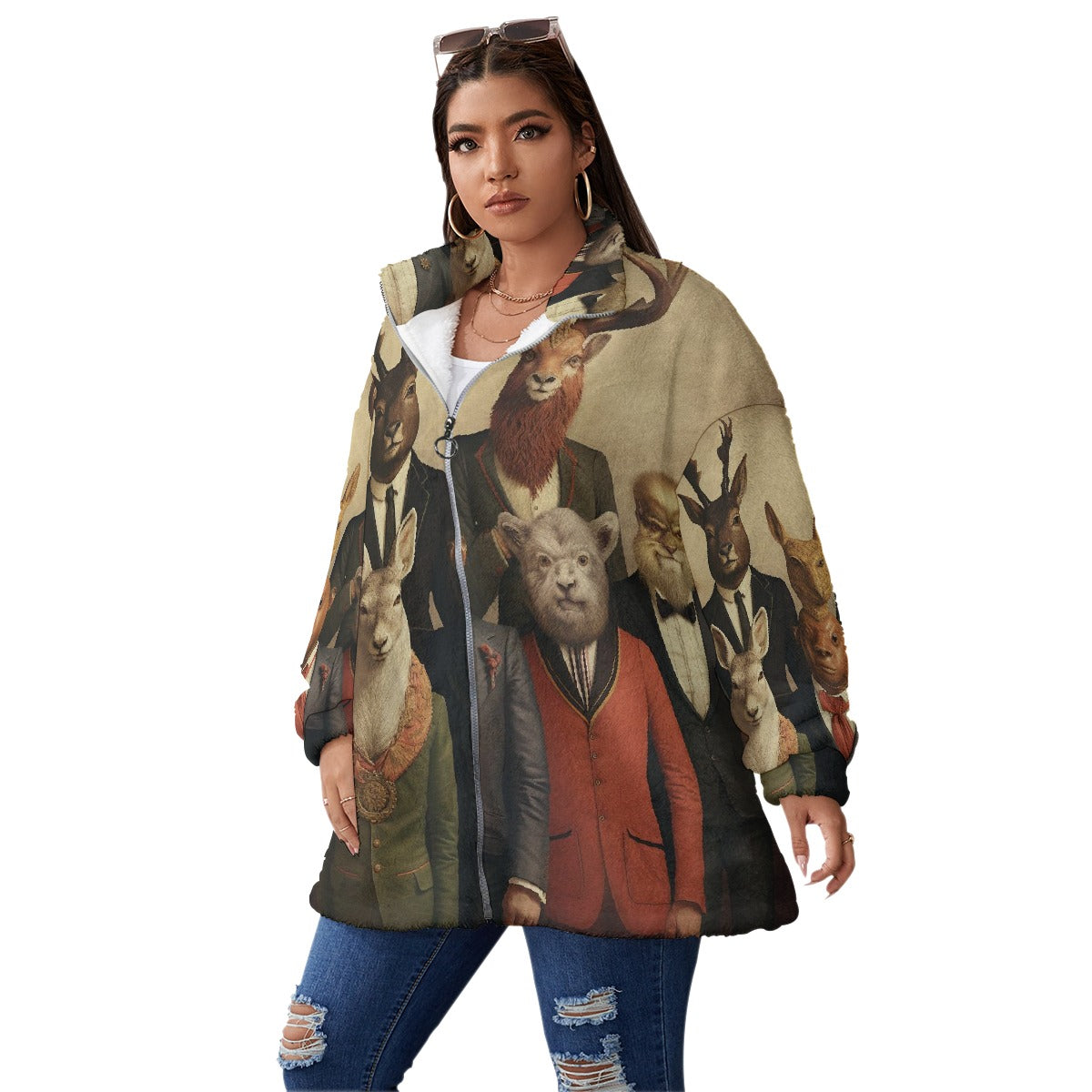 All-Over Print Unisex Borg Fleece Stand-up Collar Coat With Zipper Closure(Plus Size)
