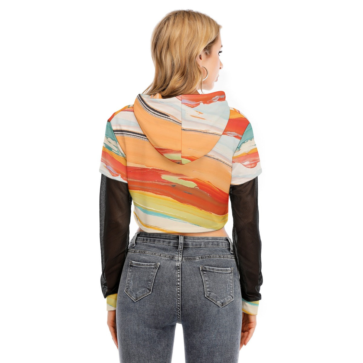 All-Over Print Women's Fake Two-piece Mesh Sleeve Cropped Hoodie