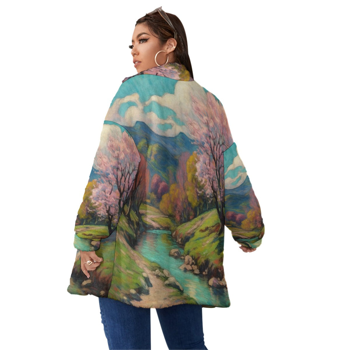 All-Over Print Unisex Borg Fleece Stand-up Collar Coat With Zipper Closure(Plus Size)