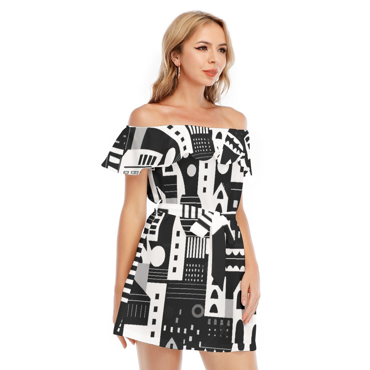 All-Over Print Women's Off-shoulder Dress With Ruffle
