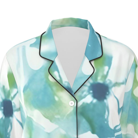 All-Over Print Women's Long Sleeve Pajama Set With Black Contrast Piping