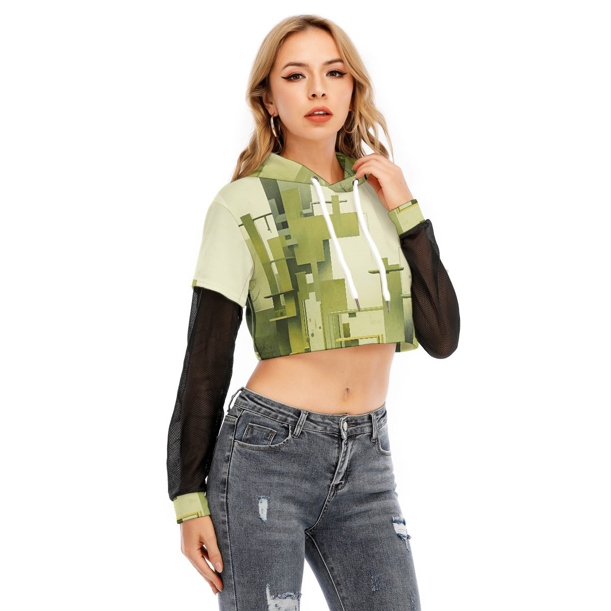 All-Over Print Women's Fake Two-piece Mesh Sleeve Cropped Hoodie