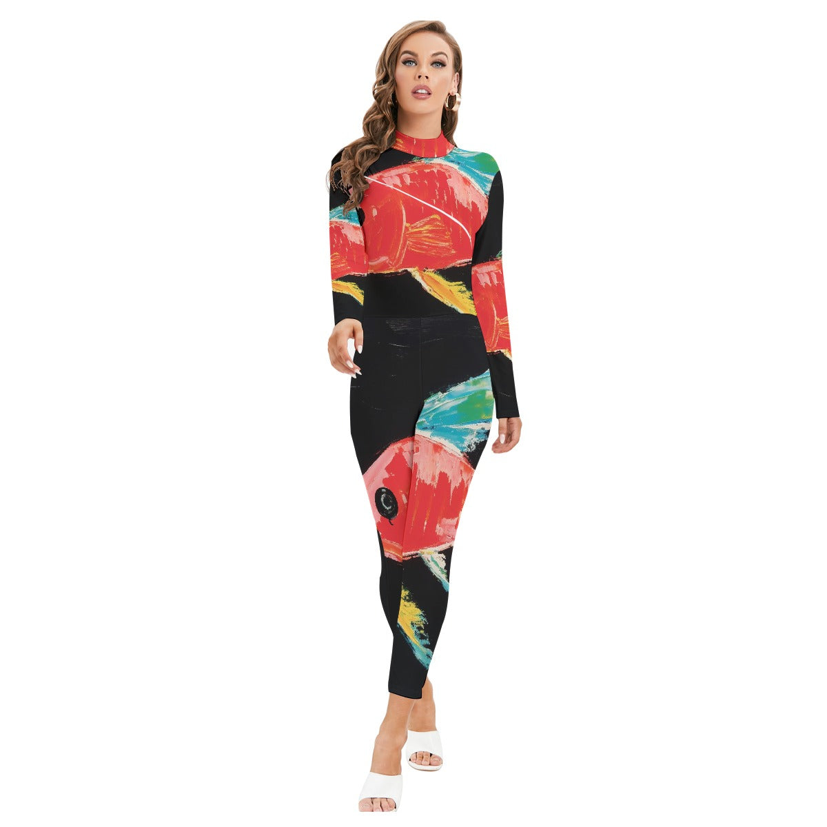 All-Over Print Women's Long-sleeved High-neck Jumpsuit With Zipper