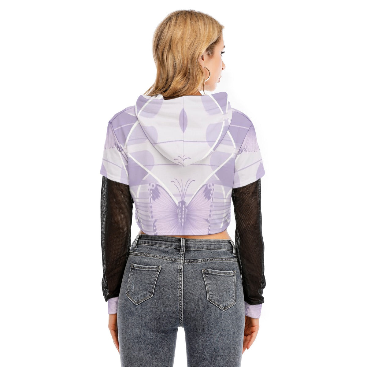 All-Over Print Women's Fake Two-piece Mesh Sleeve Cropped Hoodie