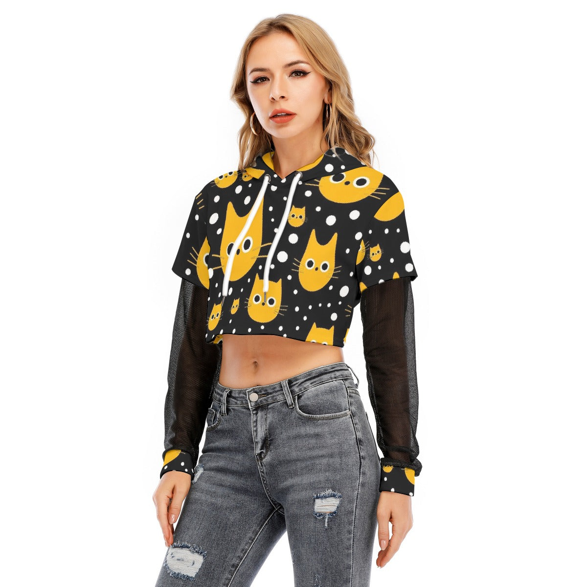 All-Over Print Women's Fake Two-piece Mesh Sleeve Cropped Hoodie